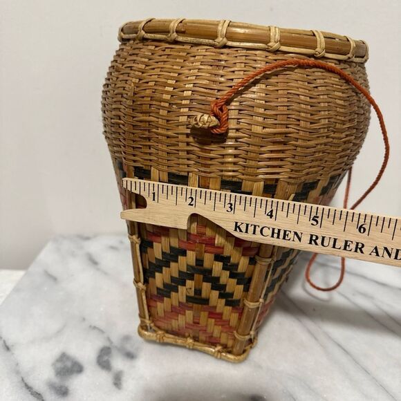 Antique Laotian gathering Woven Basket with Red and Black Pattern - Picture 16 of 16